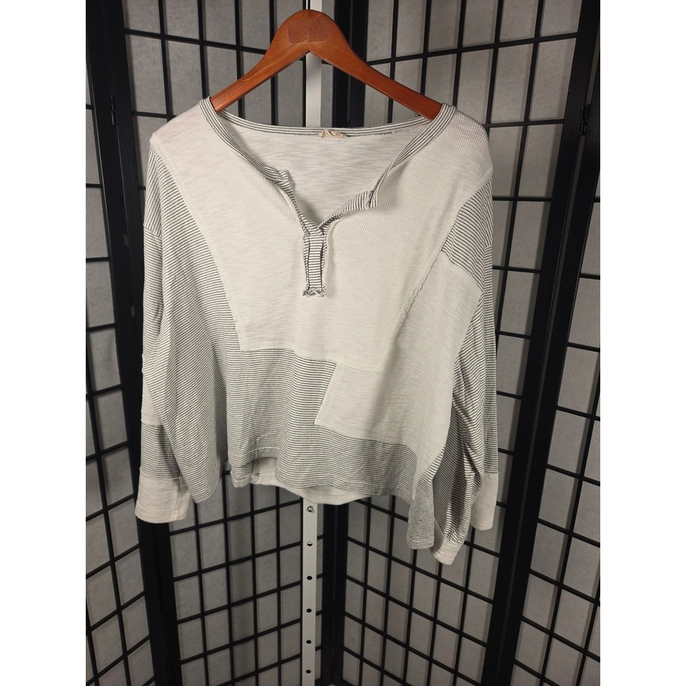 POL Womens Mixed Stripe Patchwork Long Sleeve Top White Gray Large